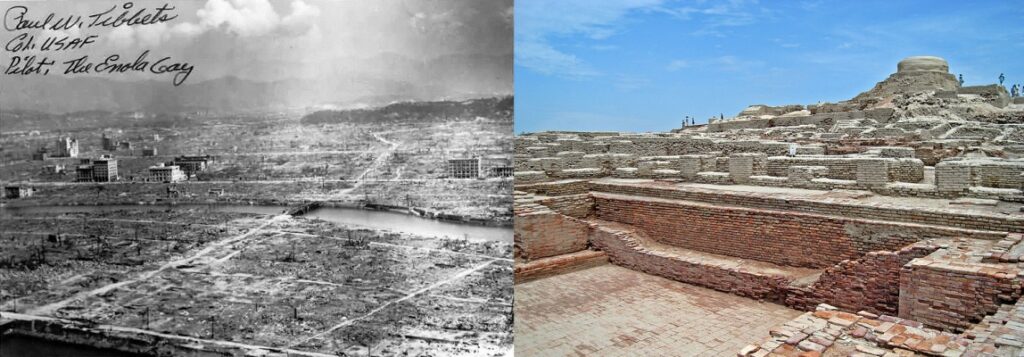 Abb.4 Hiroshima und Mohenjo Daro. Welche der beiden Städte wurde wohl durch eine Atombombe zerstört? © Wikimedia Commons.